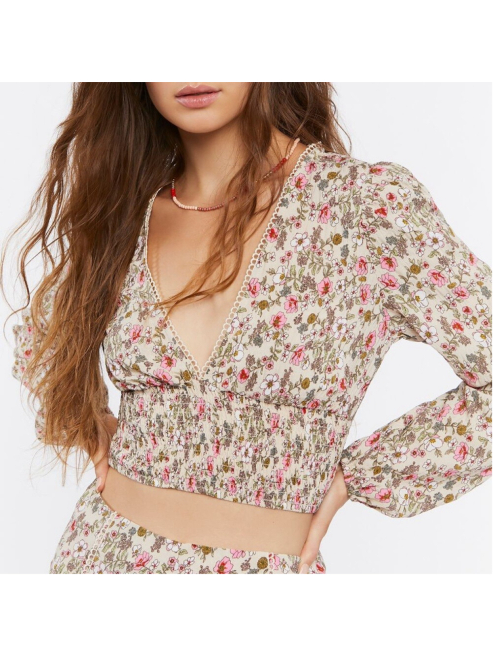 Forever 21 Womens Floral Babydoll Crop Top Large Pink Smocked Romantic Boho NWT